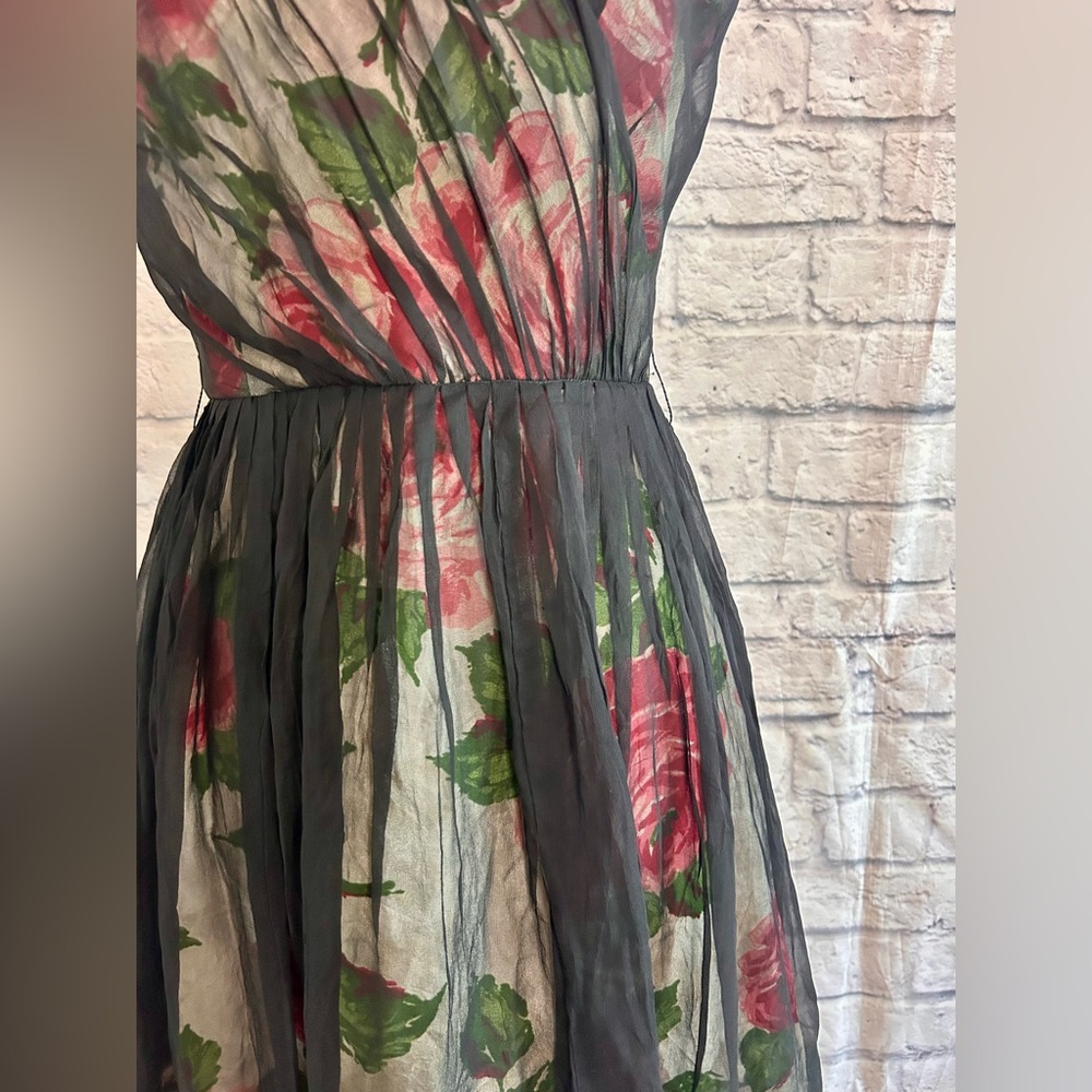 Vintage 50s Dress WOUNDED BIRD Black Pink Floral Midi Evening Formal Party Prom - Picture 6 of 17